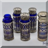 S11. 5 silverplate and cobalt glass salt and pepper shakers (4 same, 1 missing top, 1 different) - $16 